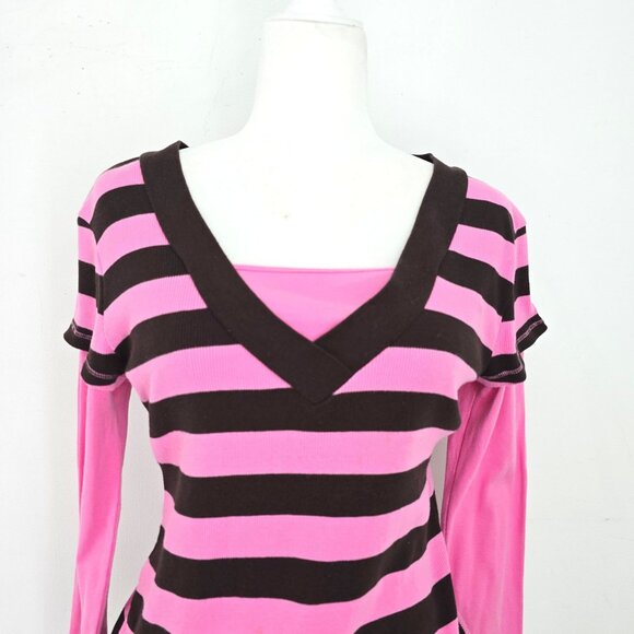 Vintage 90s Y2K Pink Brown VNeck Overlay Ribbed Long Sleeve Top KIds 14/16 Women - Picture 4 of 7